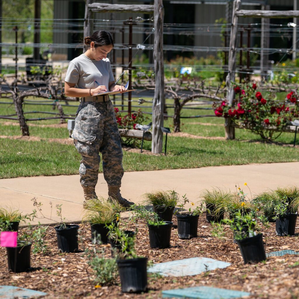Female student standing in front of several potted plants and looking at a clipboard.
